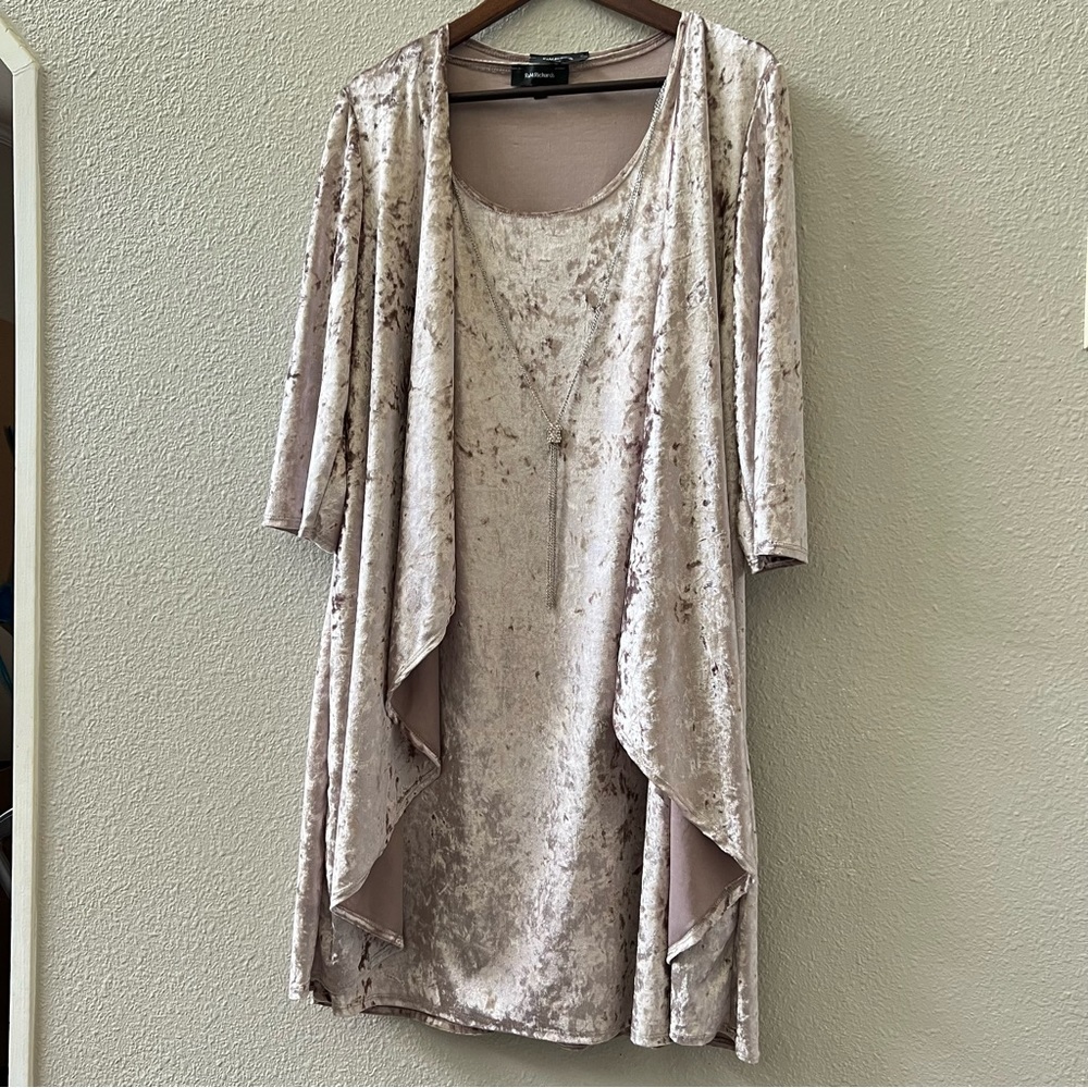 NEW R&M Richards Cascade-Front Jacket & Necklace Dress Velvet Blush pink